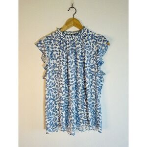 Melloday Short Sleeve Top Size Large Blue Floral  Ruffle Neck